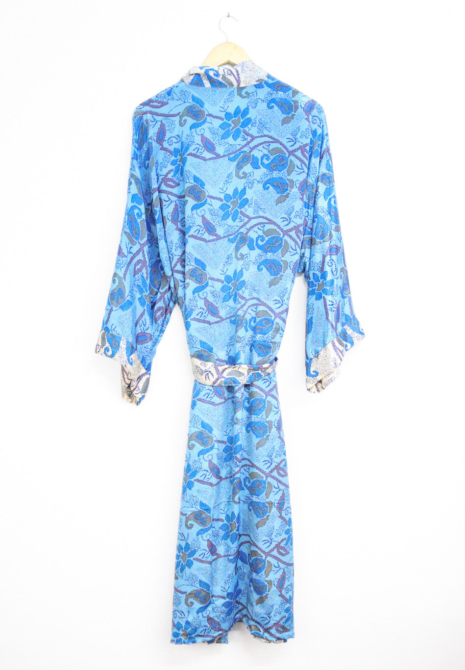 Kimono Style Silk Robe Recycled Sari Dressing Gown - Blue and White