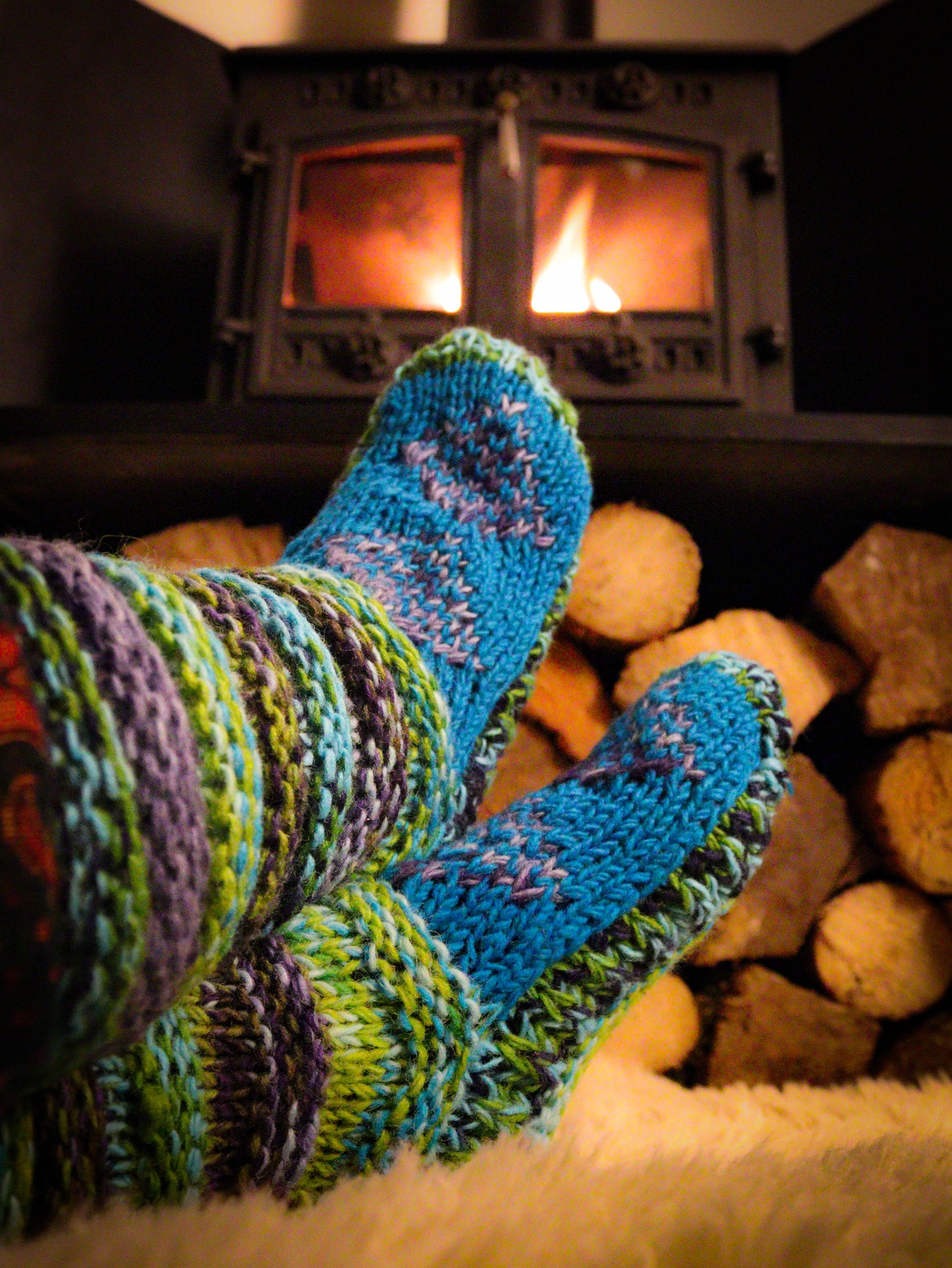 Long Fleece Lined Cosy House Socks - Blue Green Unisex