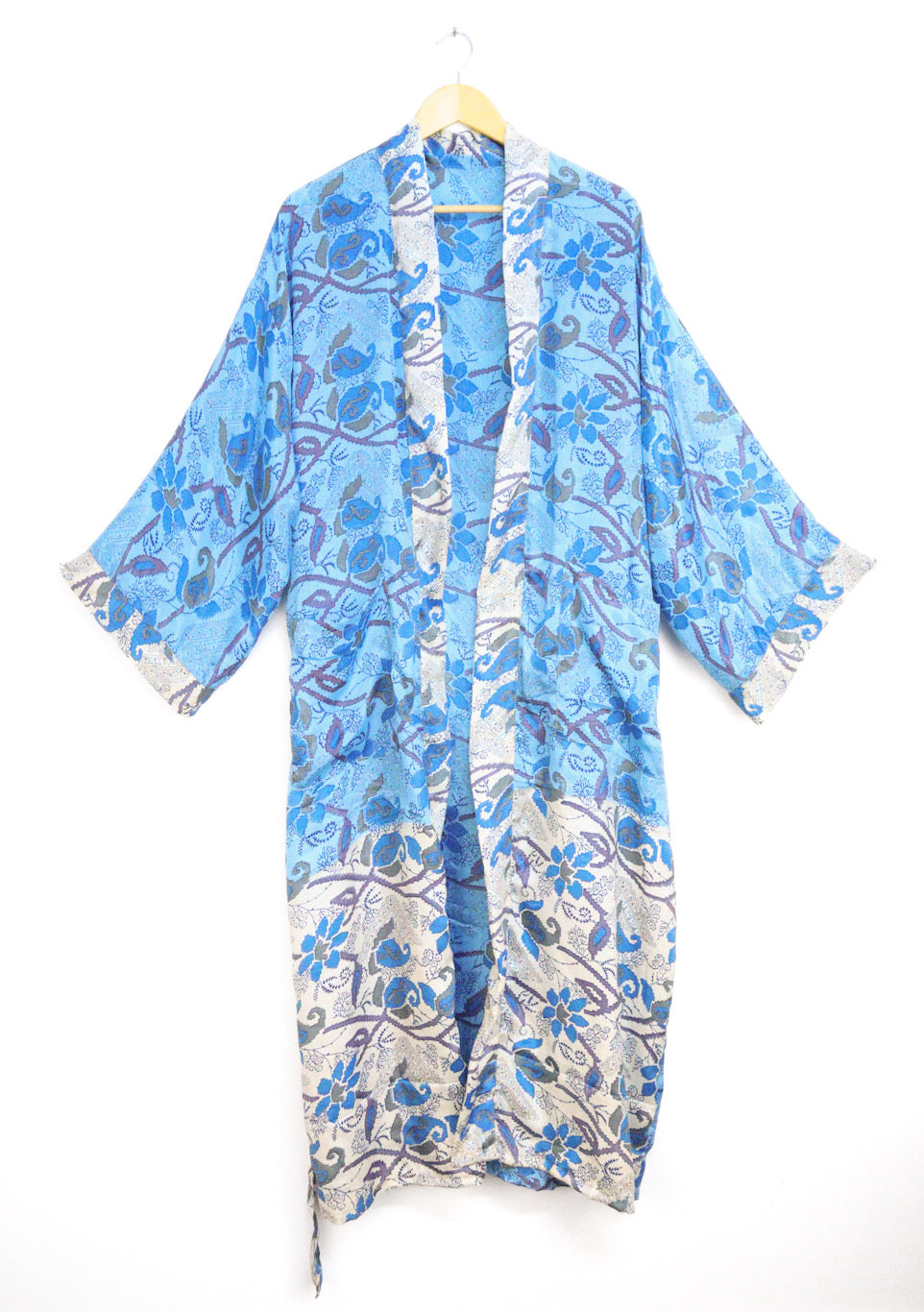 Kimono Style Silk Robe Recycled Sari Dressing Gown - Blue and White