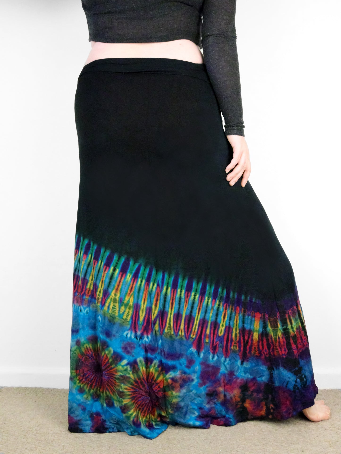 Soft Stretch Tie Dye Maxi Skirt - Black and Half Aqua Blue