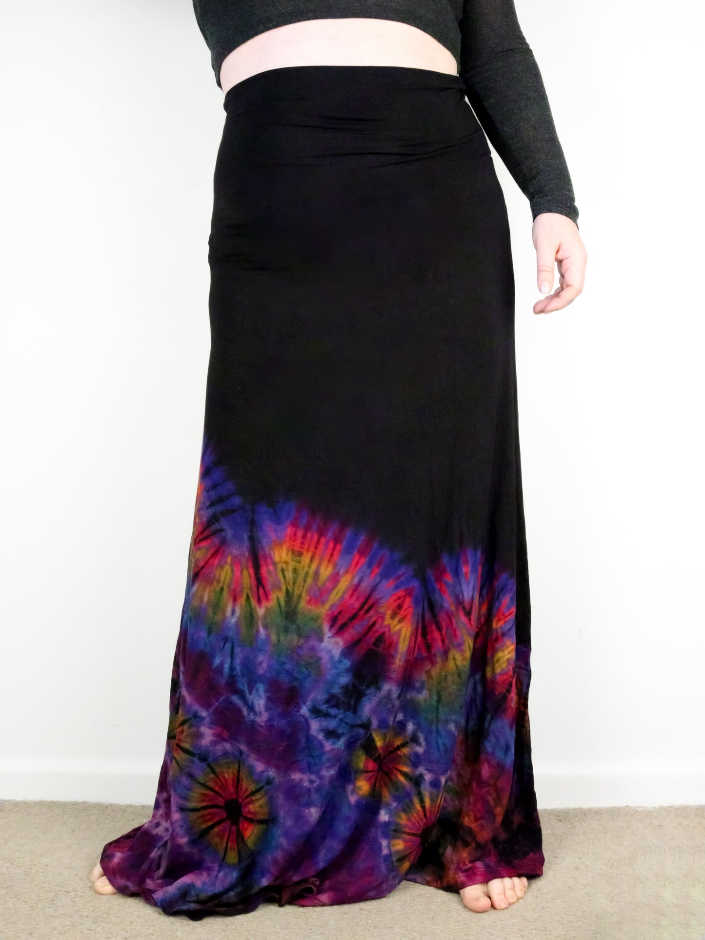 Soft Stretch Tie Dye Maxi Skirt - Black and Half Blueberry - Extra Long Length