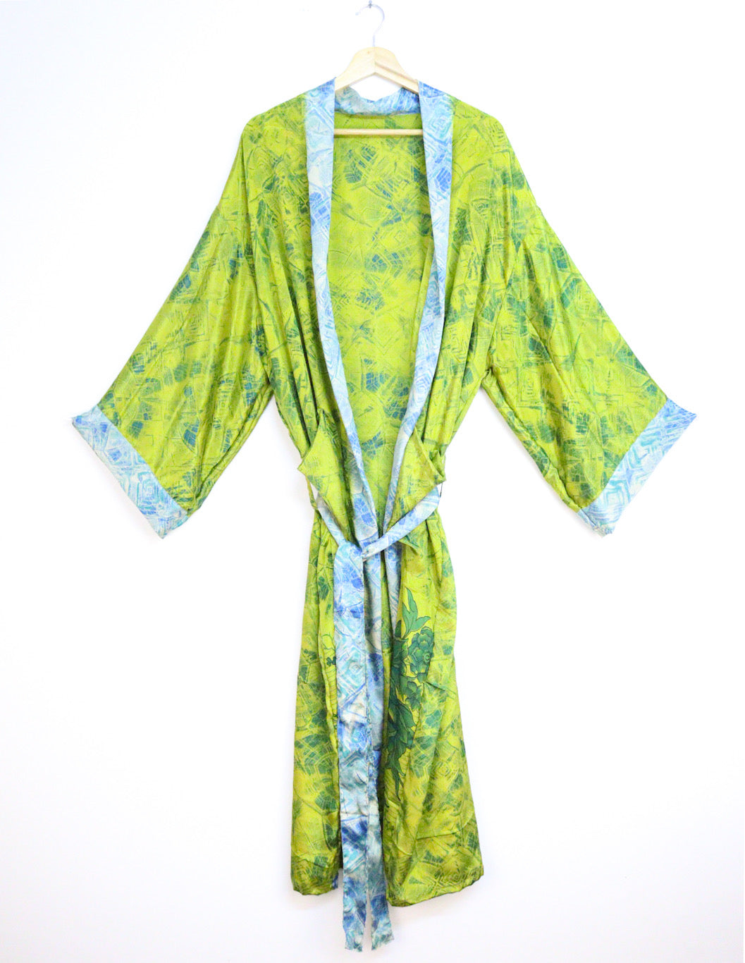 Kimono Style Silk Robe Recycled Sari Dressing Gown - Green