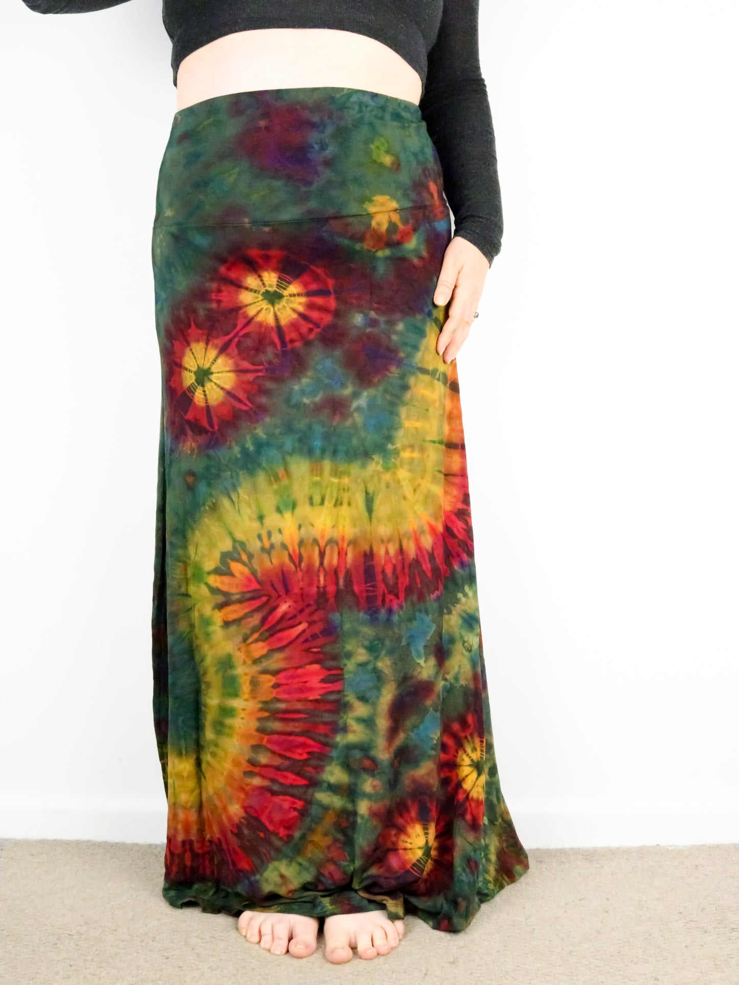 Soft Stretch Tie Dye Maxi Skirt - Moss Green