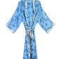 Kimono Style Silk Robe Recycled Sari Dressing Gown - Blue and White