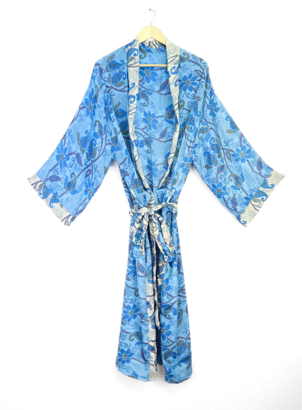 Kimono Style Silk Robe Recycled Sari Dressing Gown - Blue and White