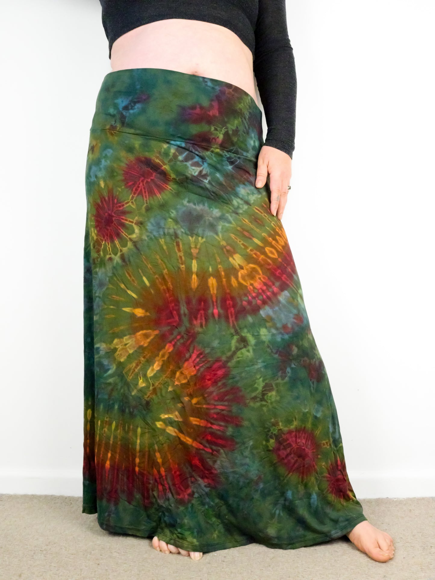 XL Soft Stretch Tie Dye Maxi Skirt - Moss Green