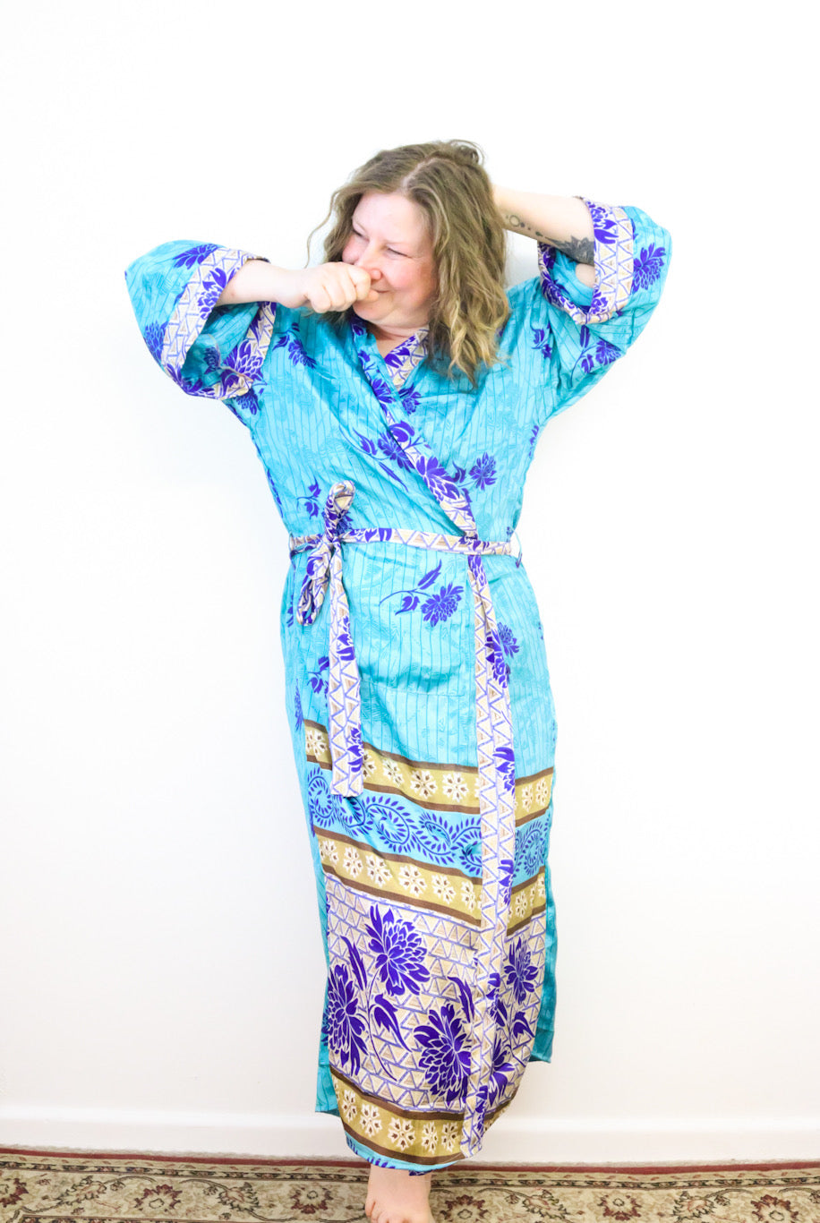 Kimono Style Silk Robe Recycled Sari Dressing Gown - Turquoise