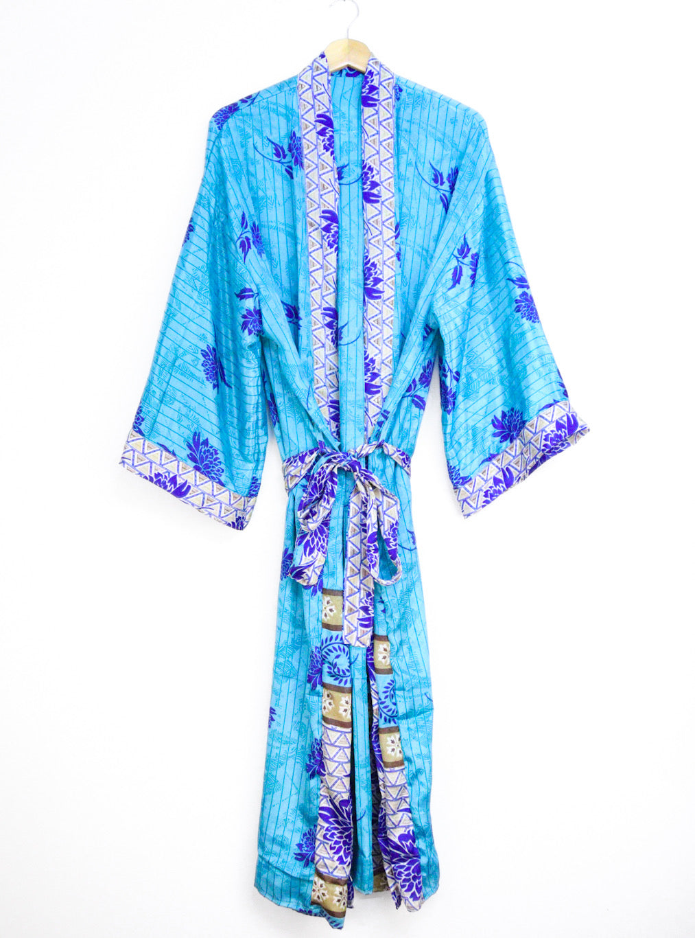 Kimono Style Silk Robe Recycled Sari Dressing Gown - Turquoise