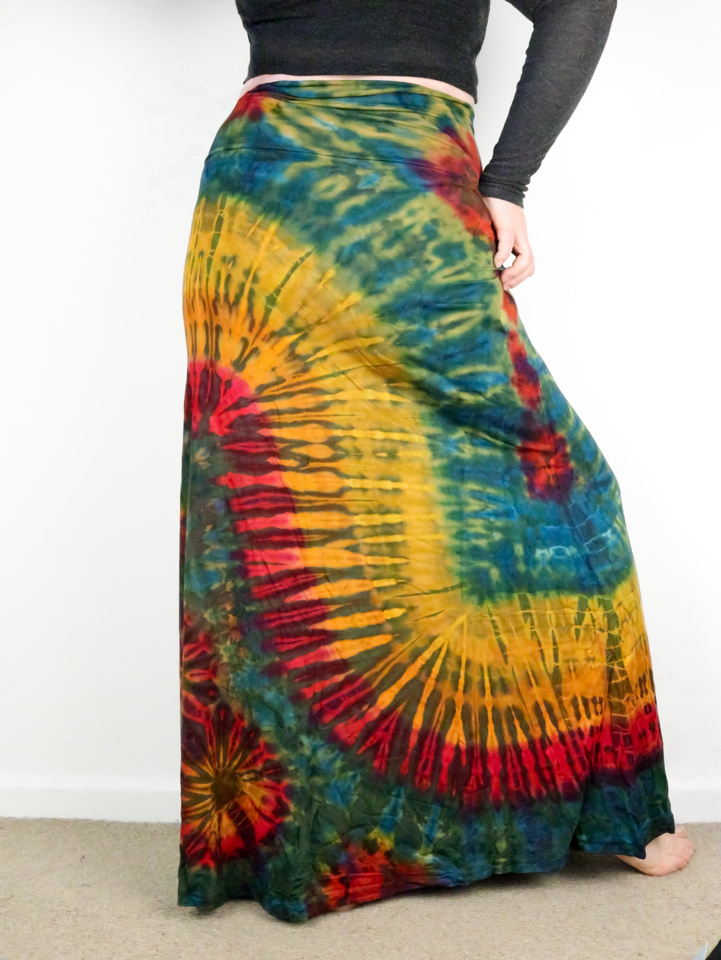 Soft Stretch Tie Dye Maxi Skirt - Moss Green