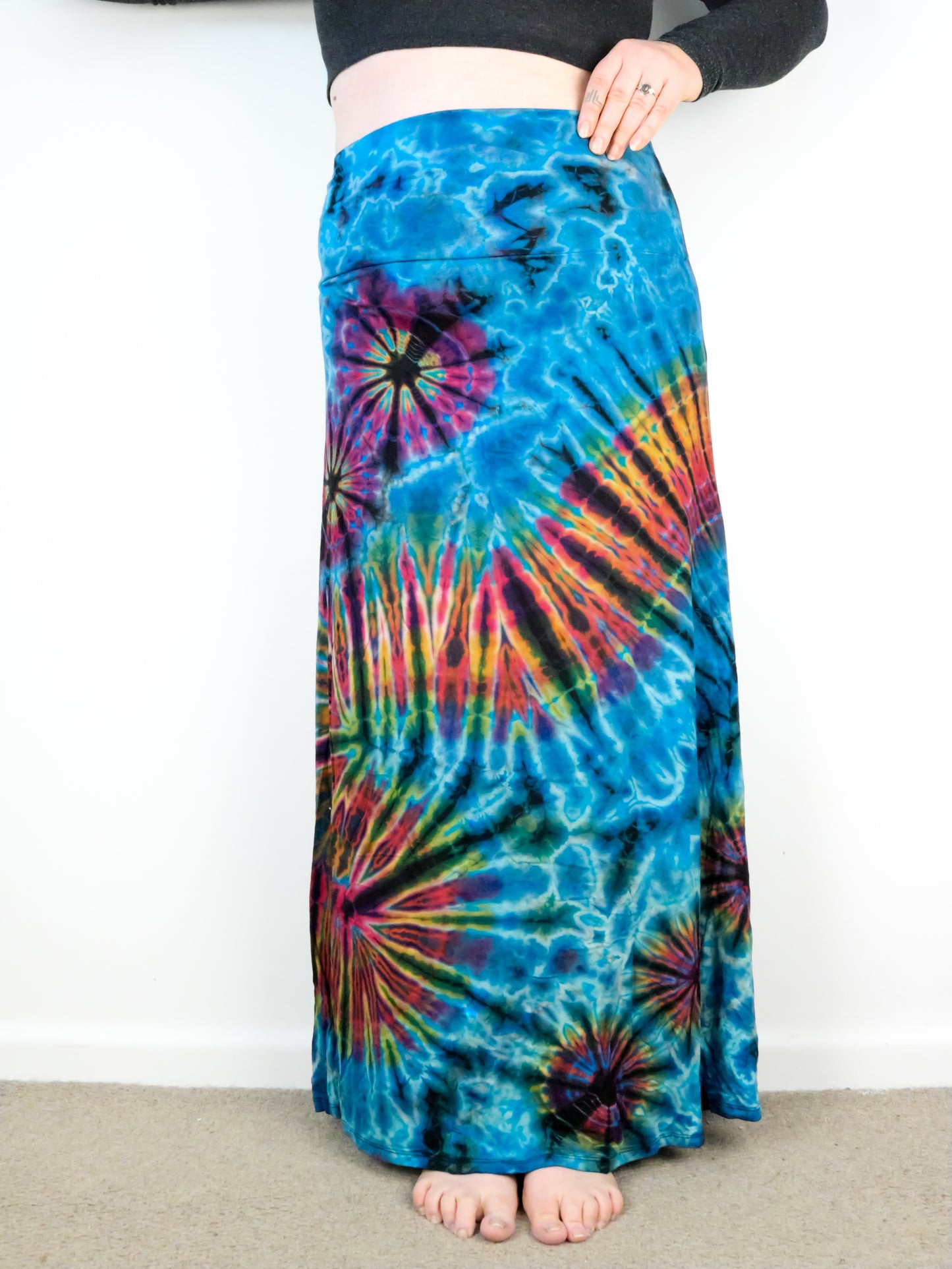 XL Soft Stretch Tie Dye Maxi Skirt - Aqua Blue Rainbow