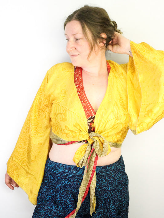 Recycled Sari Cropped Kimono Cardigan Wrap - Yellow and Red