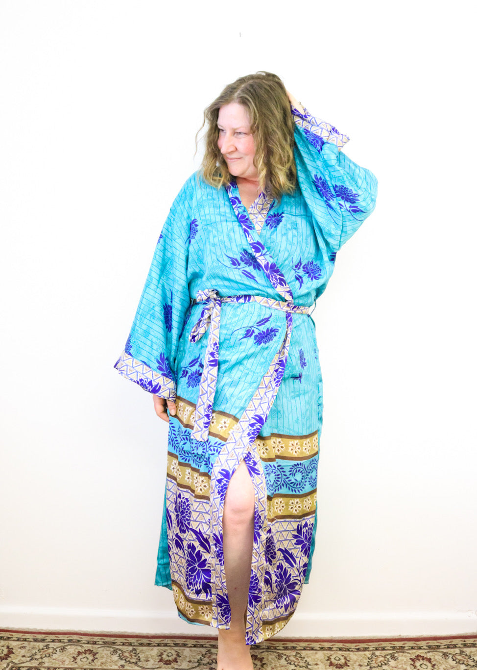 Kimono Style Silk Robe Recycled Sari Dressing Gown - Turquoise