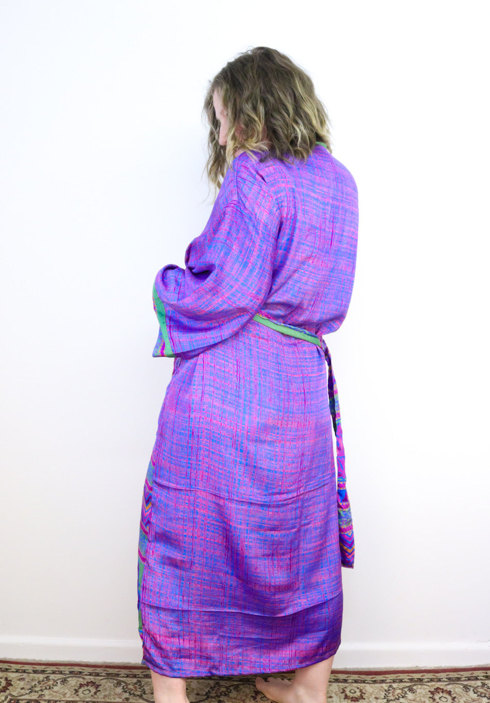 Kimono Style Silk Robe Recycled Sari Dressing Gown - Purple