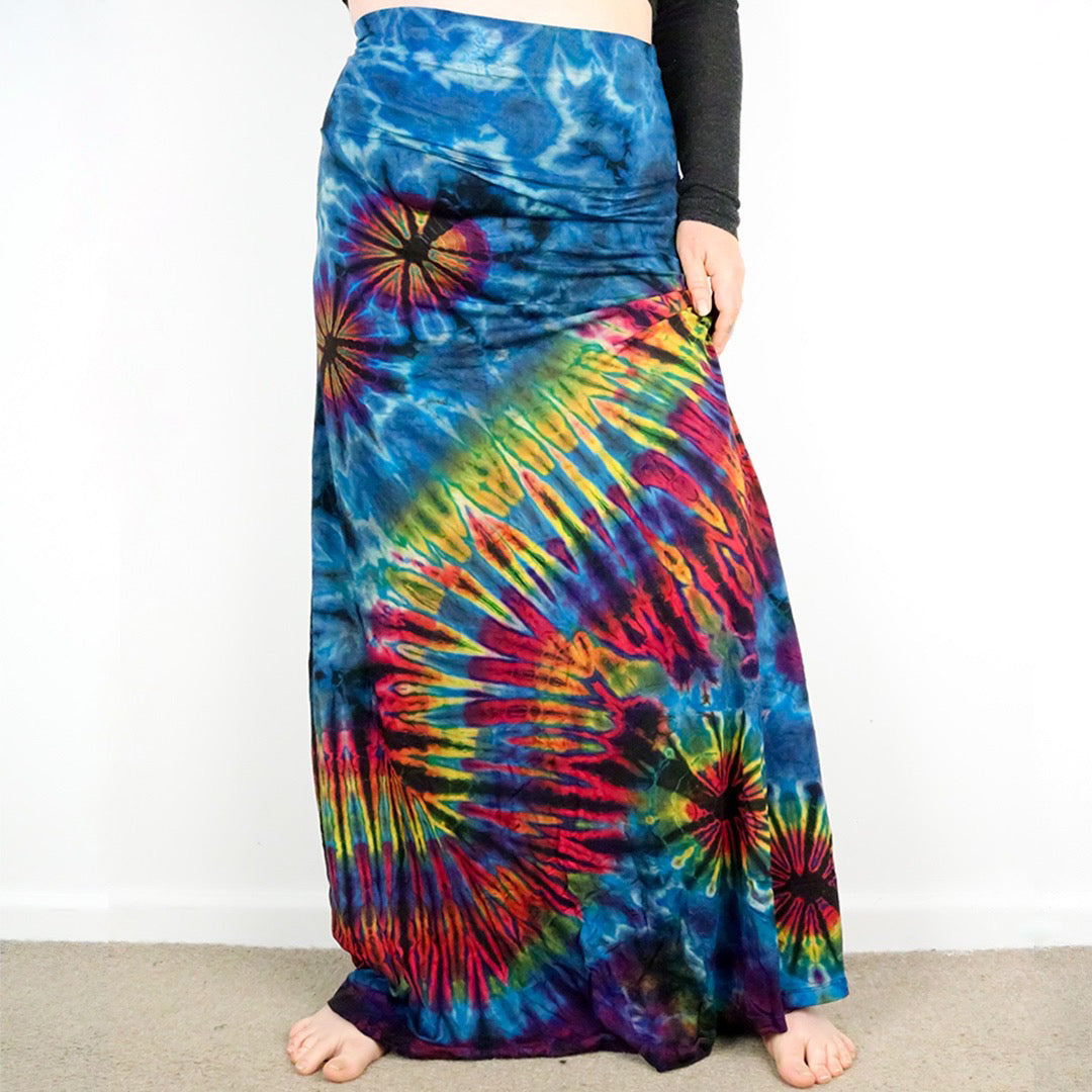 Soft Stretch Tie Dye Maxi Skirt - Aqua Blue Rainbow - Extra Long Length