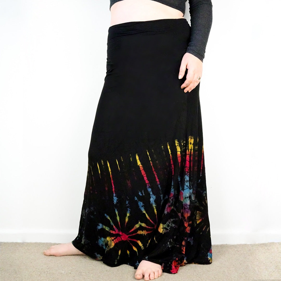 Soft Stretch Tie Dye Maxi Skirt - Black and Half Rainbow