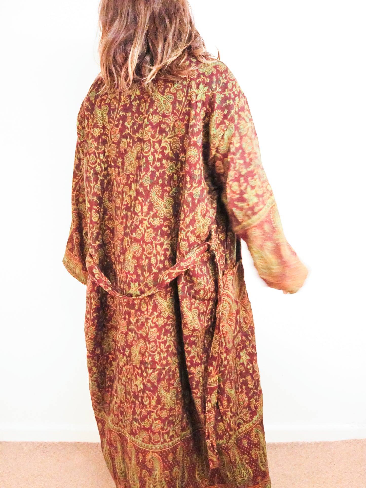 Blanket Kimono Robe Boho Dressing Gown - Burgundy Green and Gold