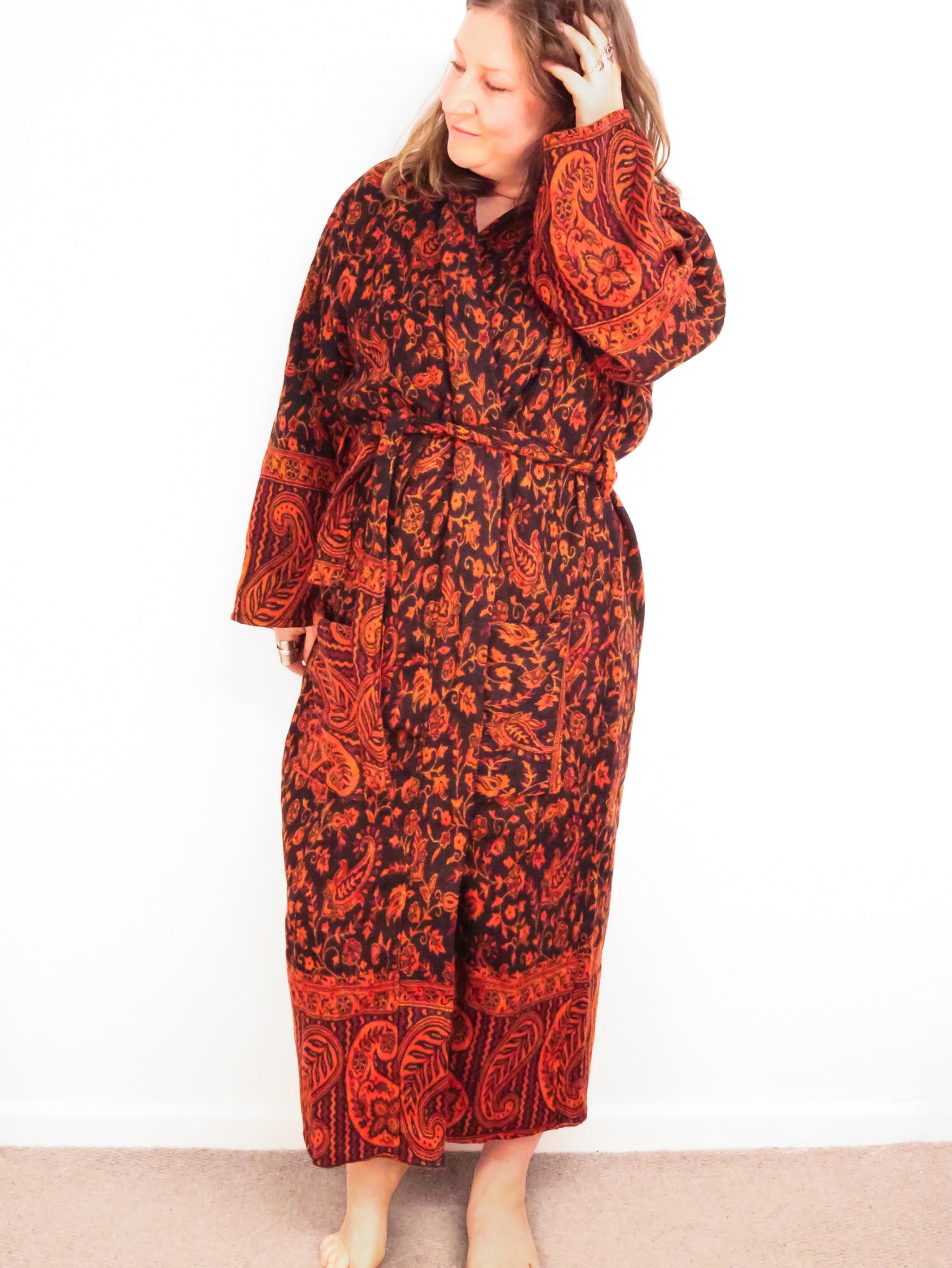 Blanket Kimono Robe Boho Dressing Gown - Black Orange and Fuchsia