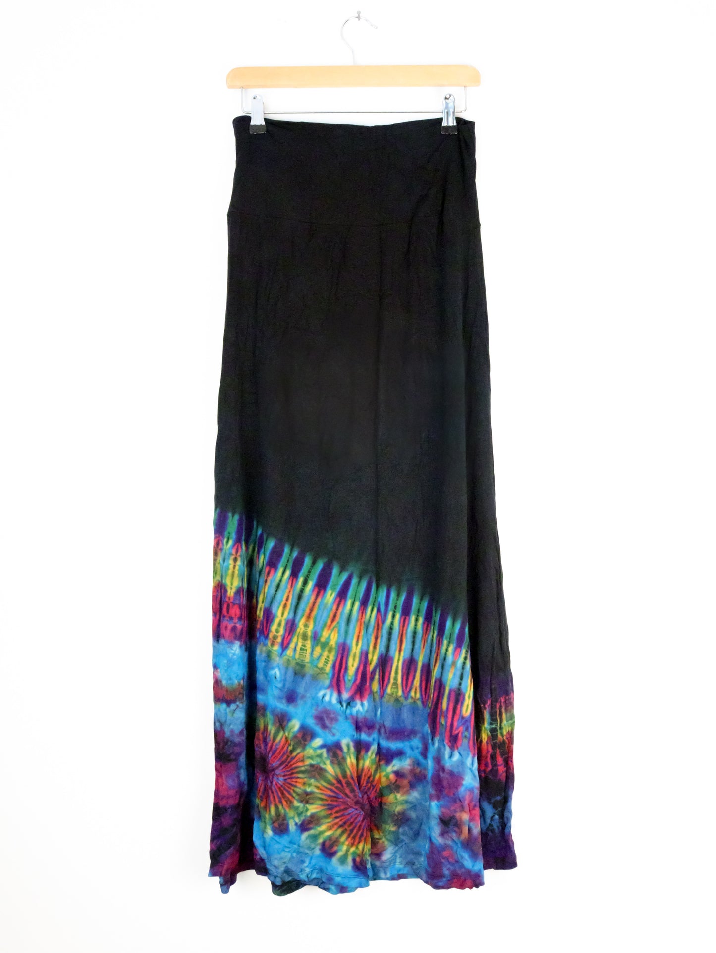 Soft Stretch Tie Dye Maxi Skirt - Black and Half Aqua Blue