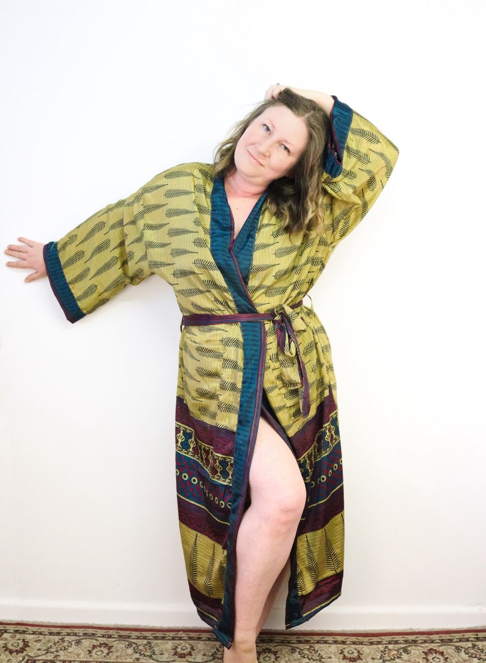 Kimono Style Silk Robe Recycled Sari Dressing Gown - Gold Fern