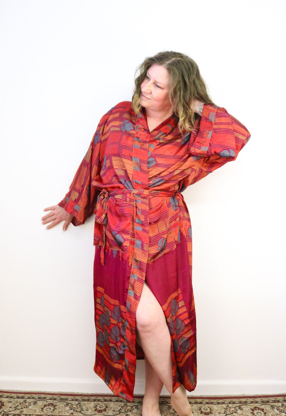 Kimono Style Silk Robe Recycled Sari Dressing Gown - Red