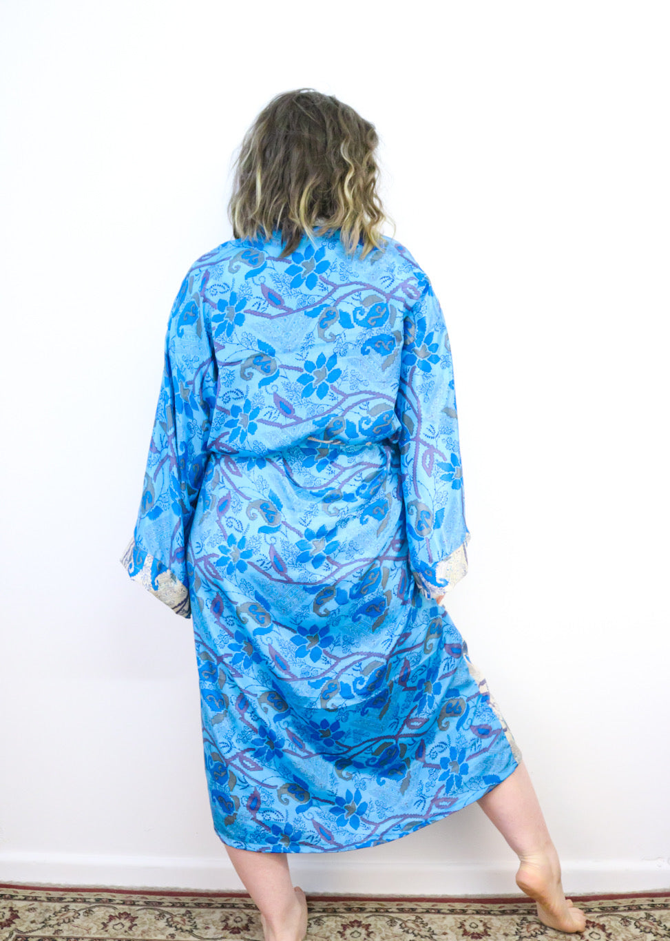 Kimono Style Silk Robe Recycled Sari Dressing Gown - Blue and White