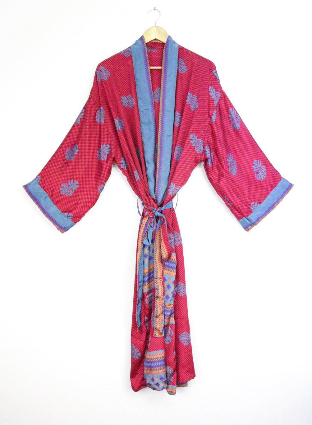 Kimono Style Silk Robe Recycled Sari Dressing Gown - Red and Blue