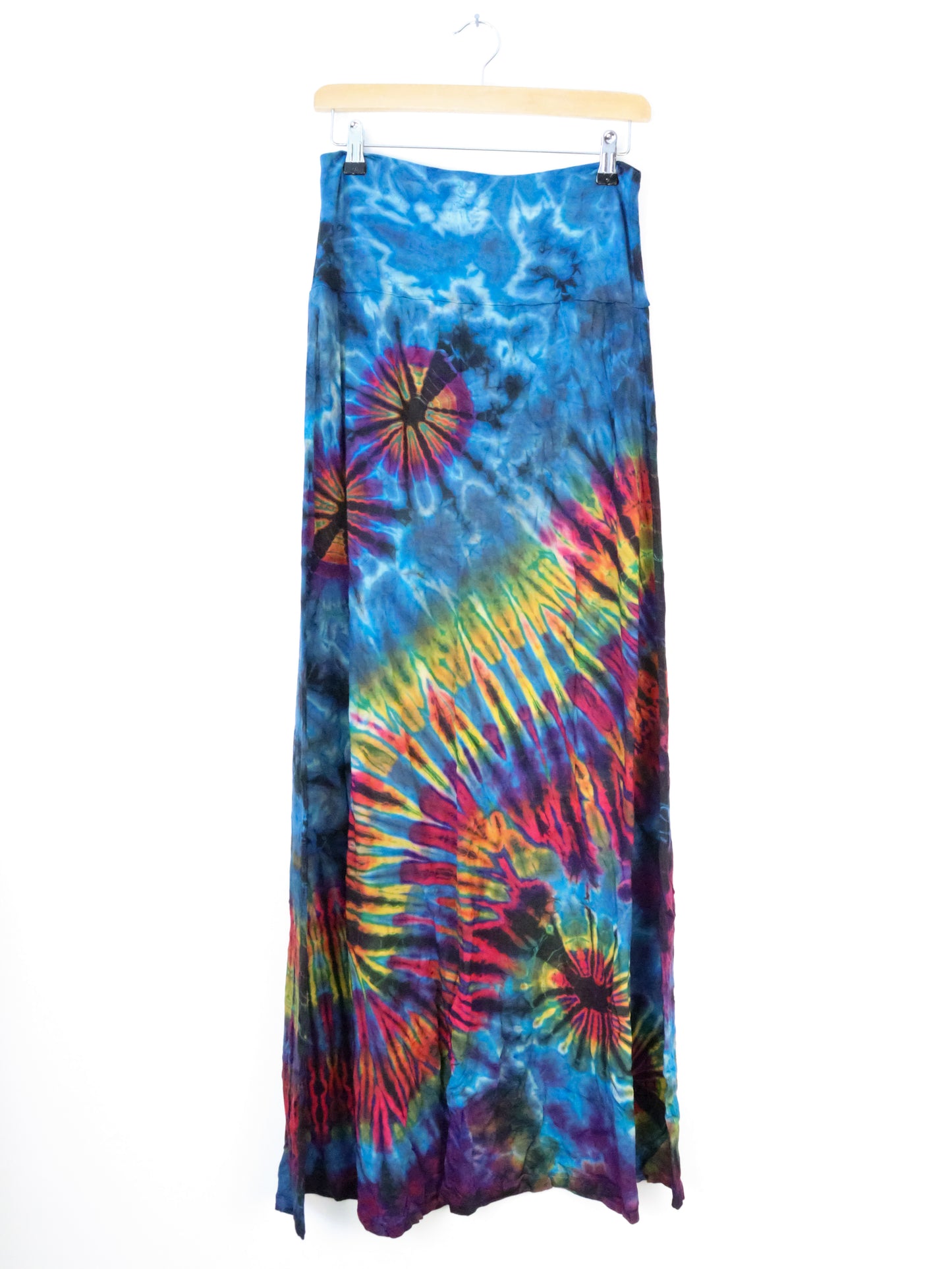 Soft Stretch Tie Dye Maxi Skirt - Aqua Blue Rainbow - Extra Long Length