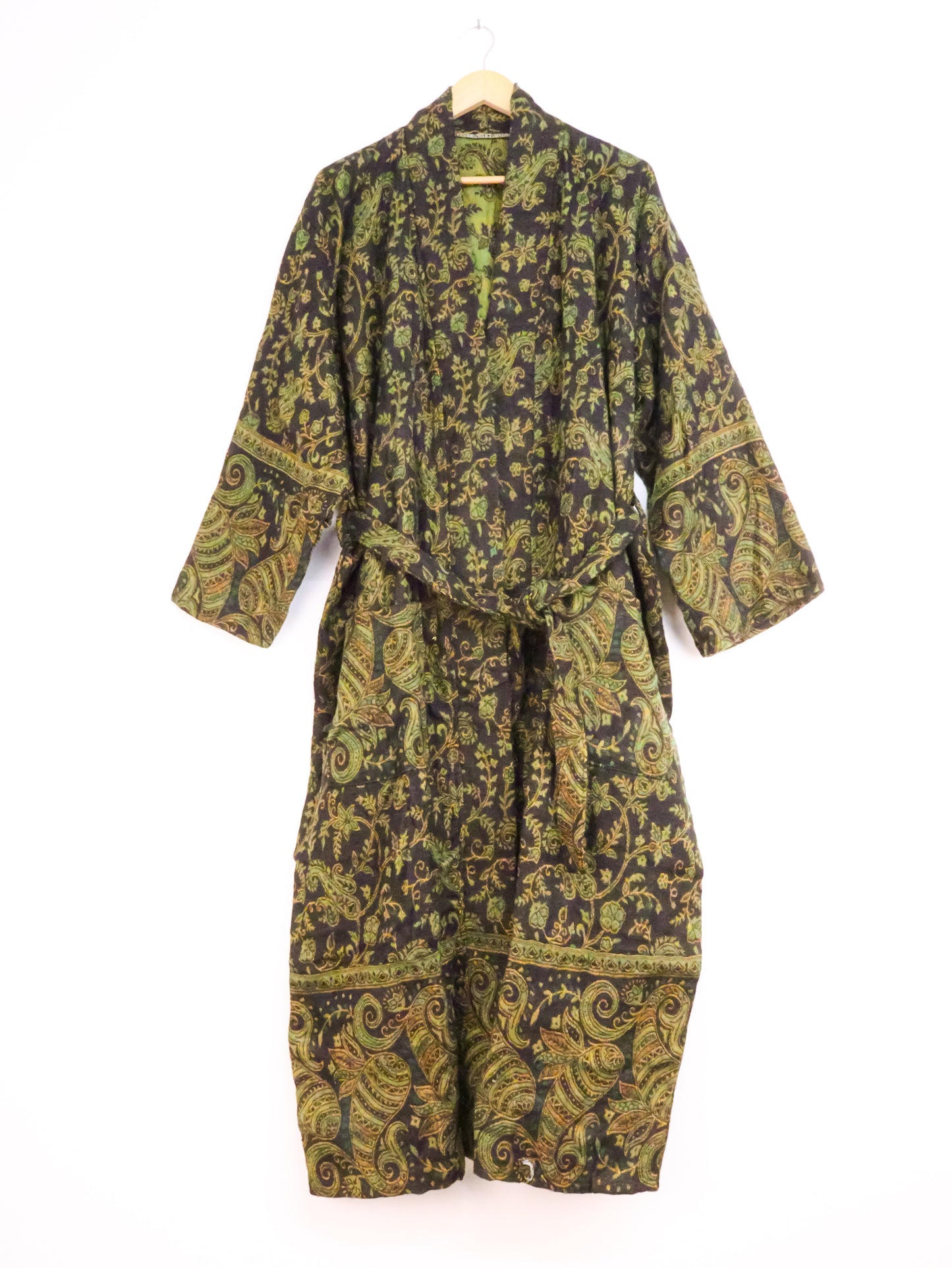 Blanket Kimono Robe Boho Dressing Gown - Black Green and Gold