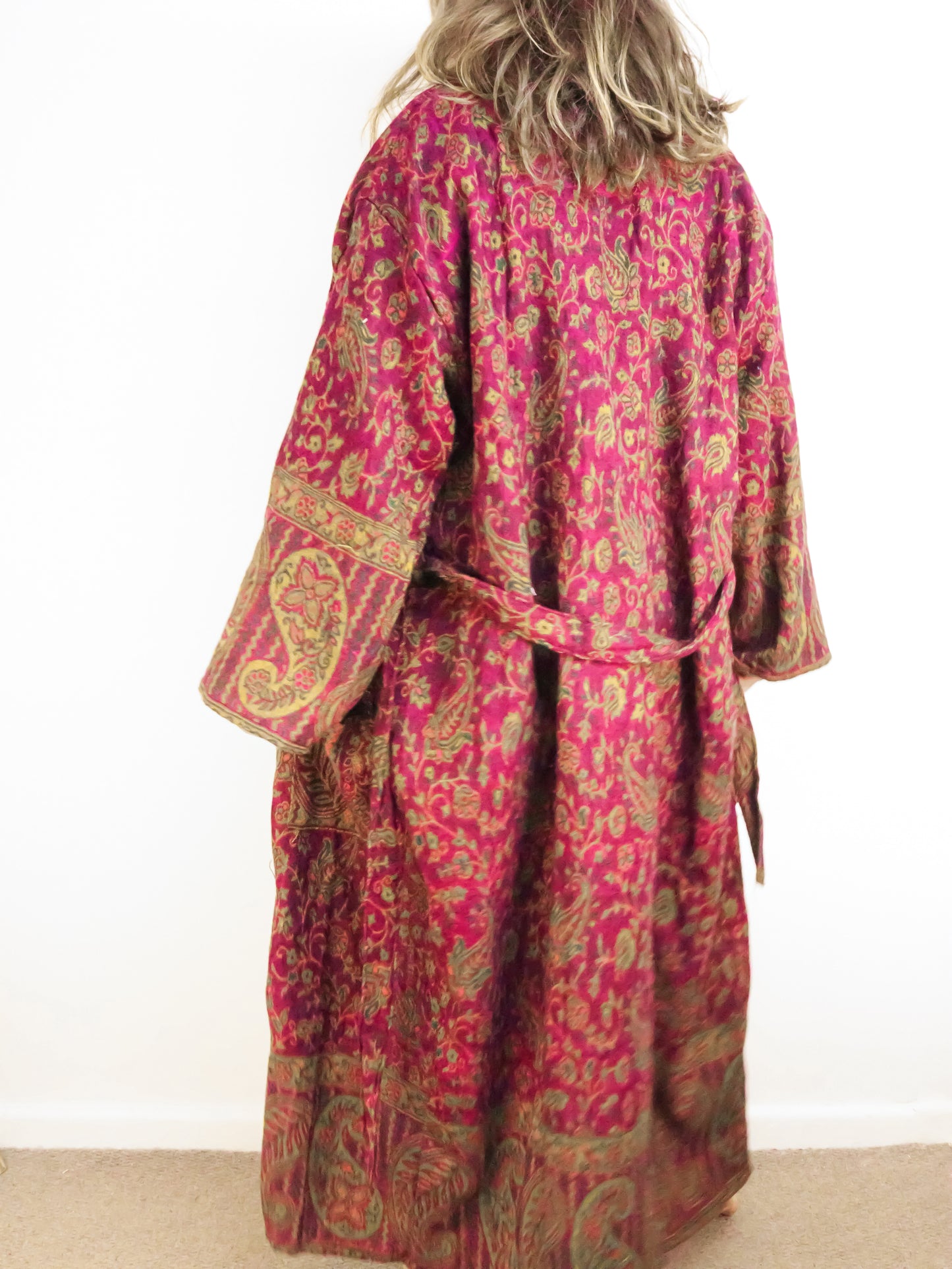 Blanket Kimono Robe Boho Dressing Gown - Fuchsia and Green