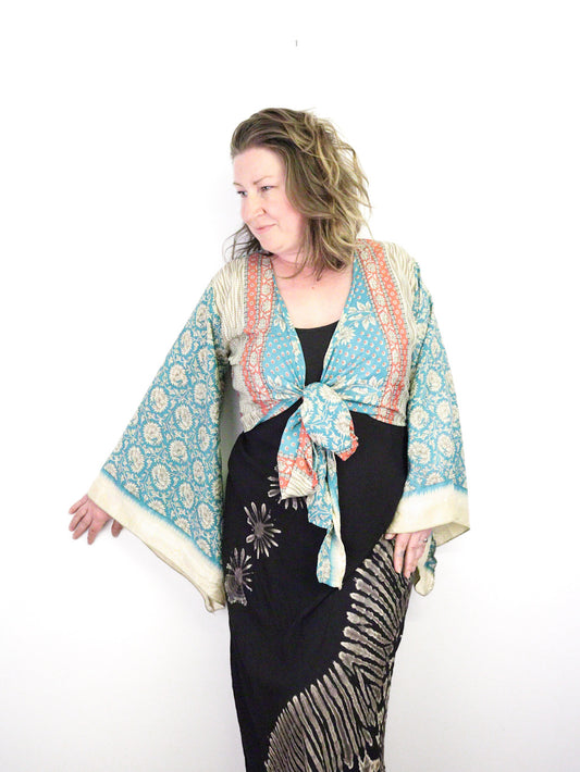 Recycled Sari Cropped Kimono Cardigan Wrap - Turquoise and Rose