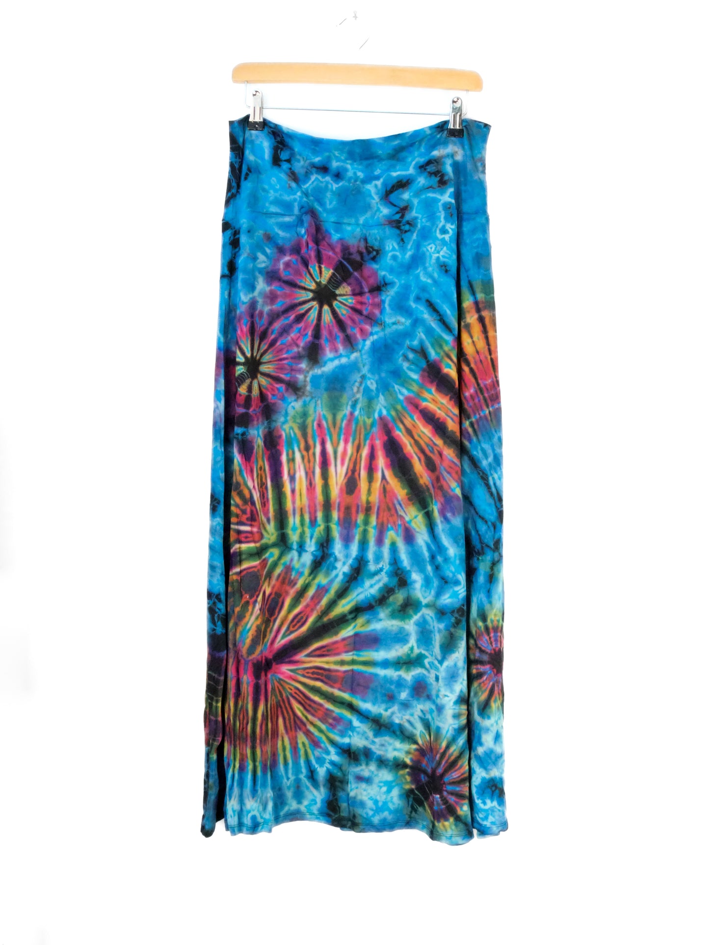 XL Soft Stretch Tie Dye Maxi Skirt - Aqua Blue Rainbow