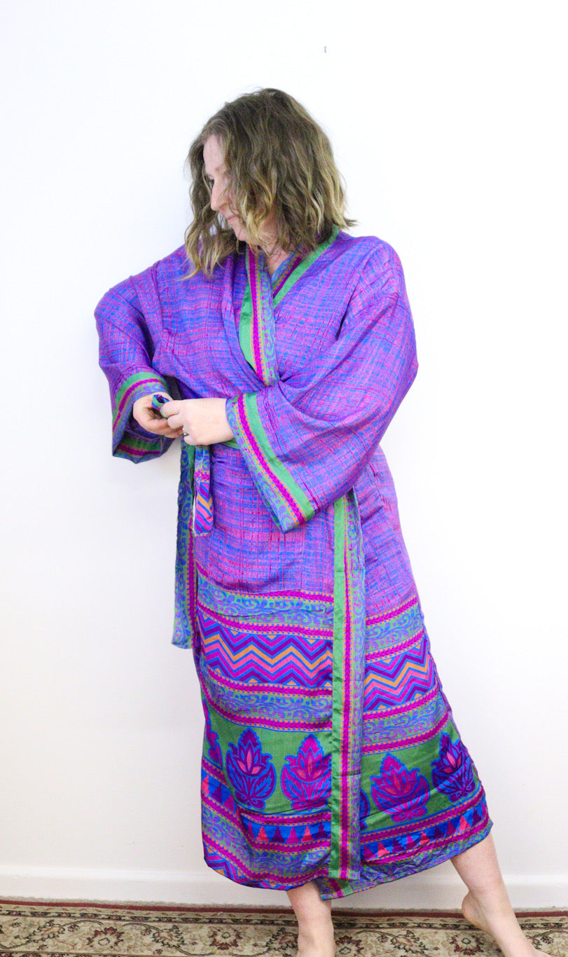 Kimono Style Silk Robe Recycled Sari Dressing Gown - Purple