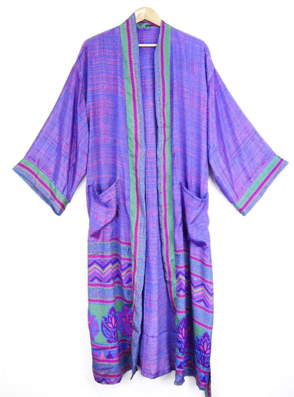 Kimono Style Silk Robe Recycled Sari Dressing Gown - Purple