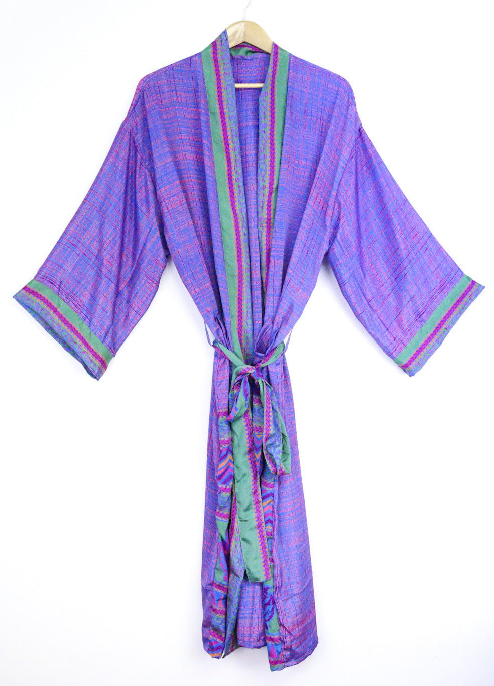 Kimono Style Silk Robe Recycled Sari Dressing Gown - Purple