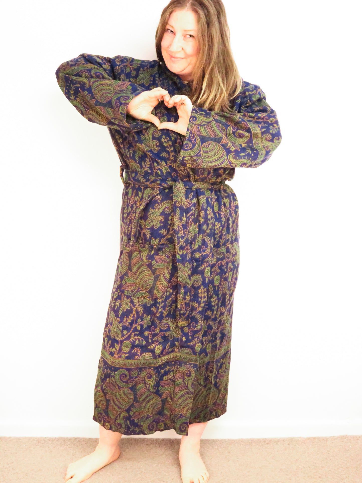 Blanket Kimono Robe Boho Dressing Gown - Navy Blue and Green