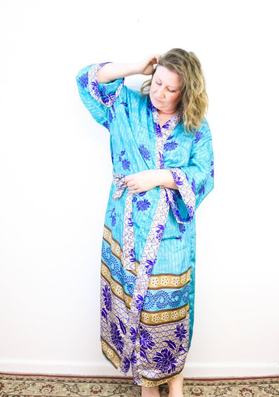 Kimono Style Silk Robe Recycled Sari Dressing Gown - Turquoise