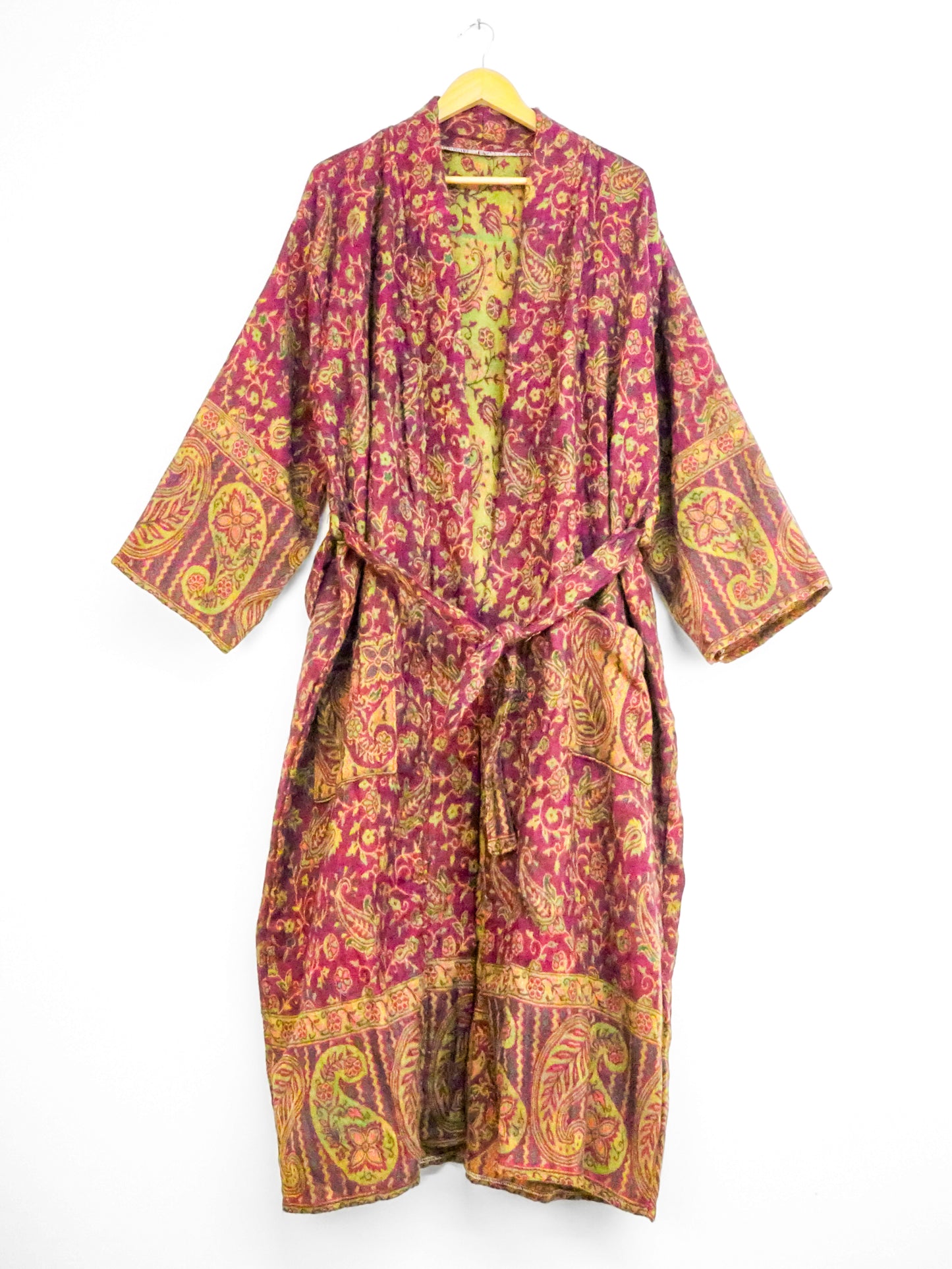 Blanket Kimono Robe Boho Dressing Gown - Fuchsia and Green