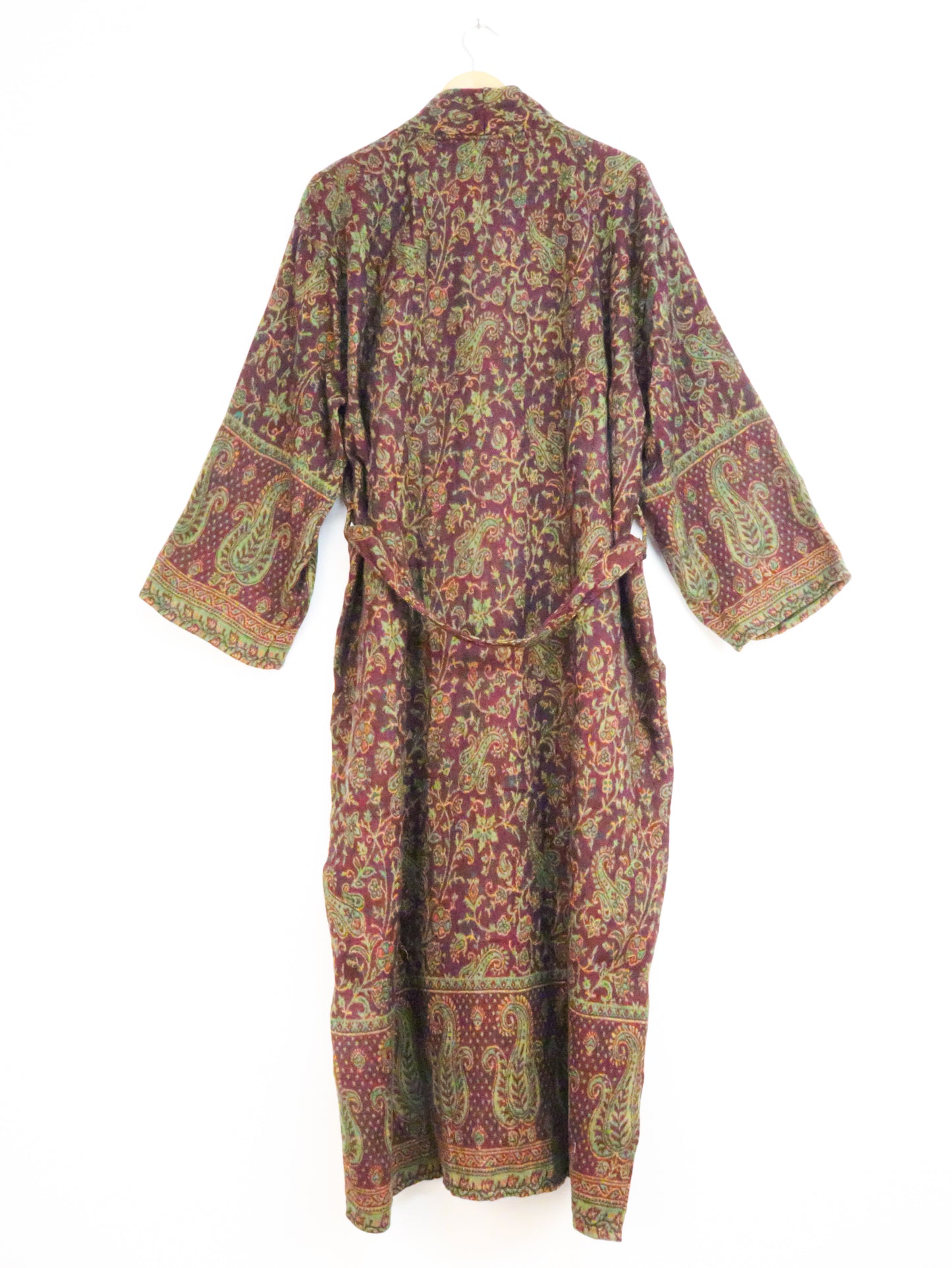 Blanket Kimono Robe Boho Dressing Gown - Burgundy Green and Gold