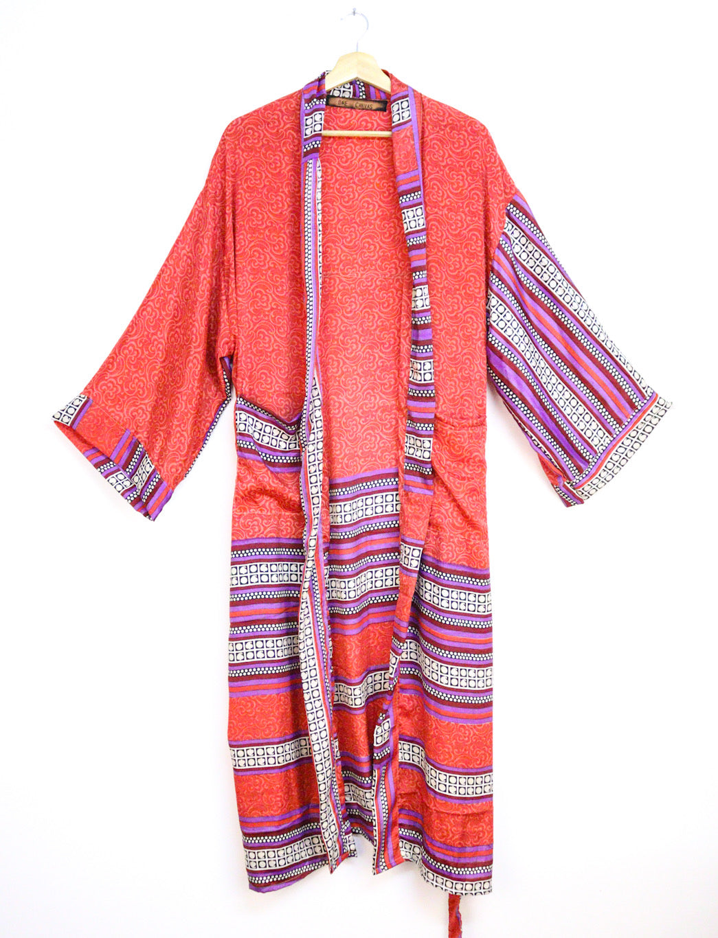 Kimono Style Silk Robe Recycled Sari Dressing Gown - Red and Purple