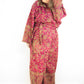 Blanket Kimono Robe Boho Dressing Gown - Fuchsia and Green