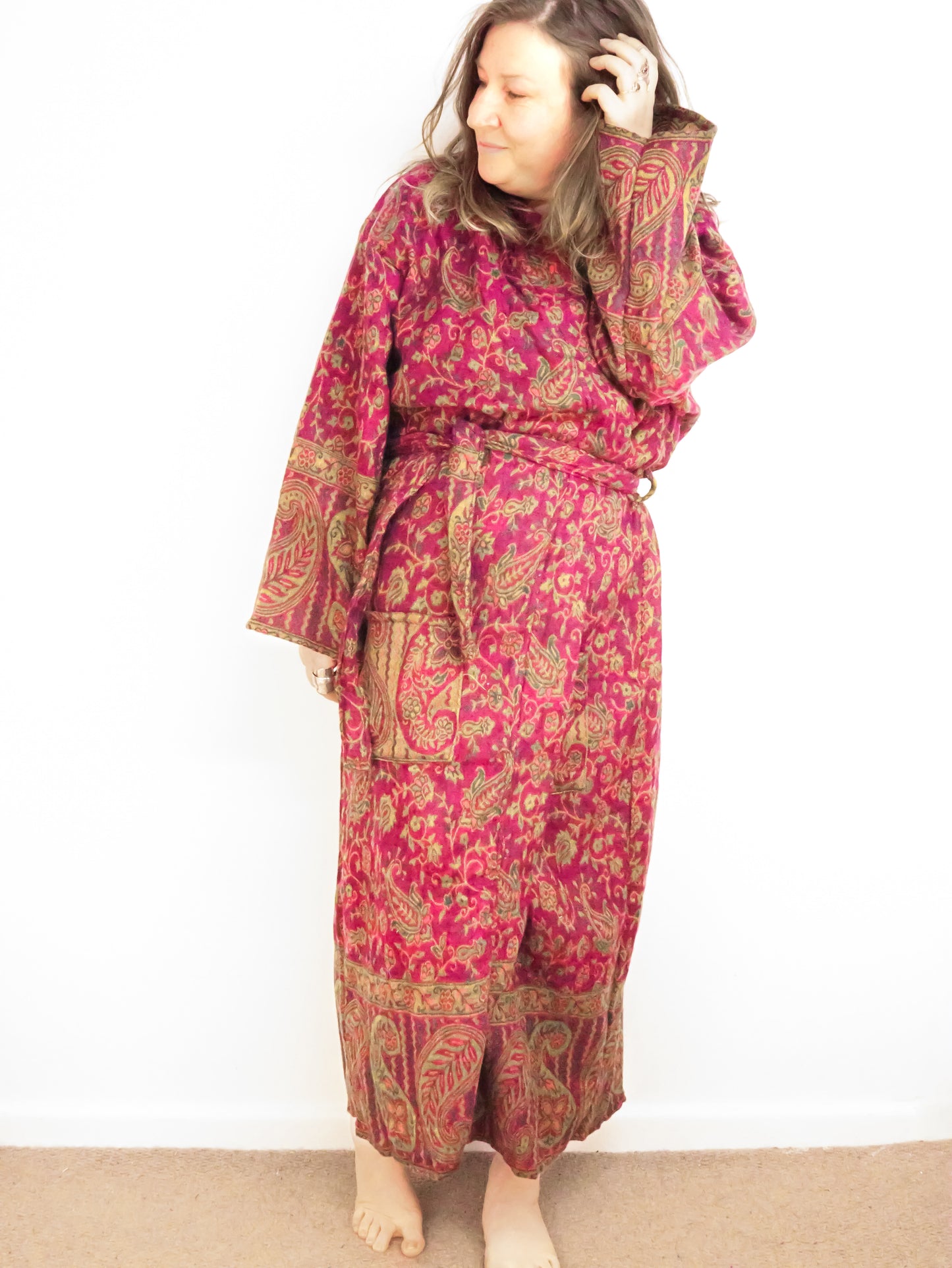 Blanket Kimono Robe Boho Dressing Gown - Fuchsia and Green