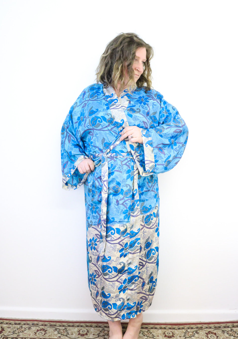 Kimono Style Silk Robe Recycled Sari Dressing Gown - Blue and White