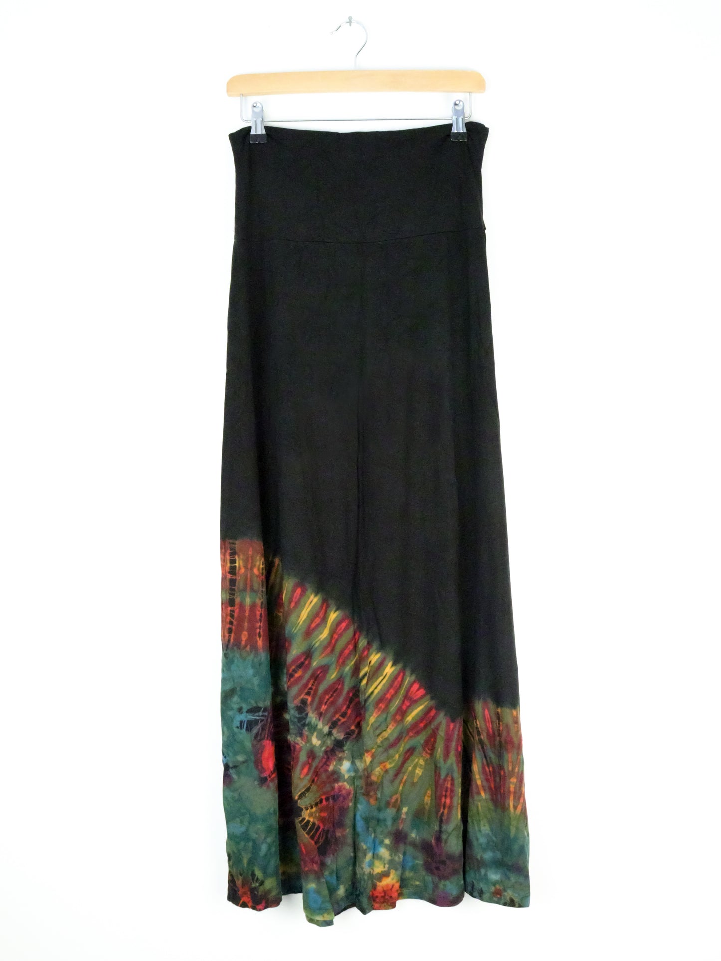 Soft Stretch Tie Dye Maxi Skirt - Black and Half Moss Green