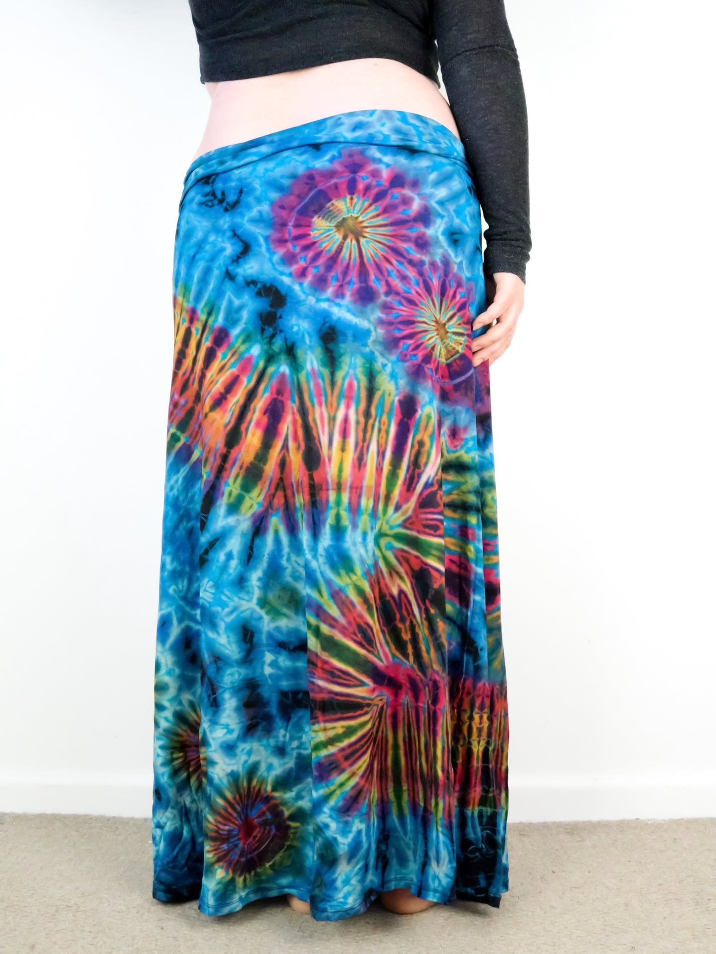 XL Soft Stretch Tie Dye Maxi Skirt - Aqua Blue Rainbow