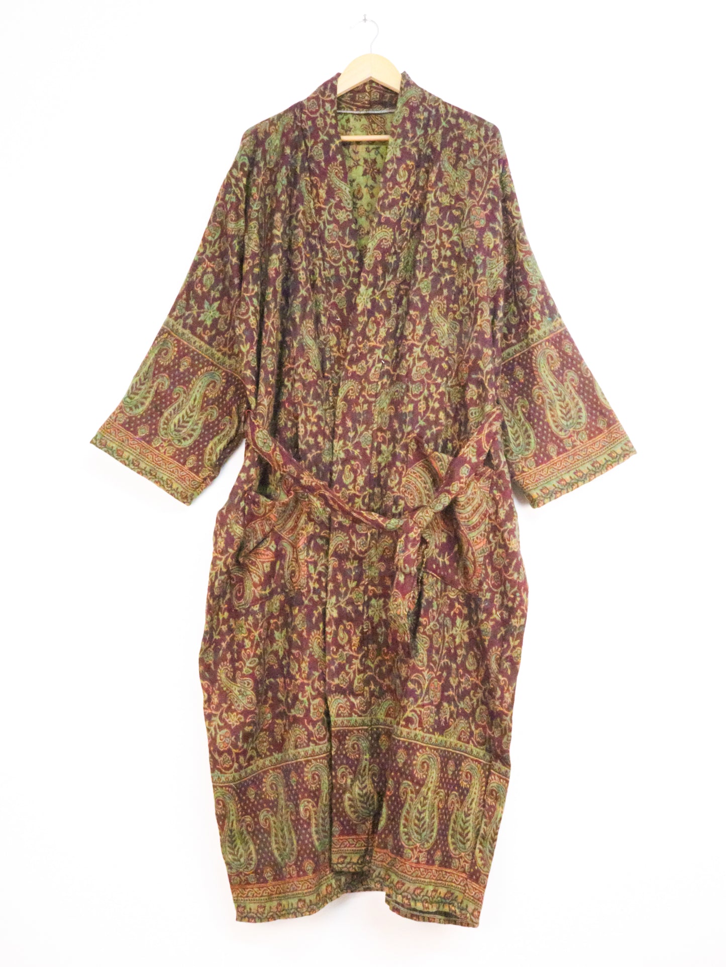 Blanket Kimono Robe Boho Dressing Gown - Burgundy Green and Gold