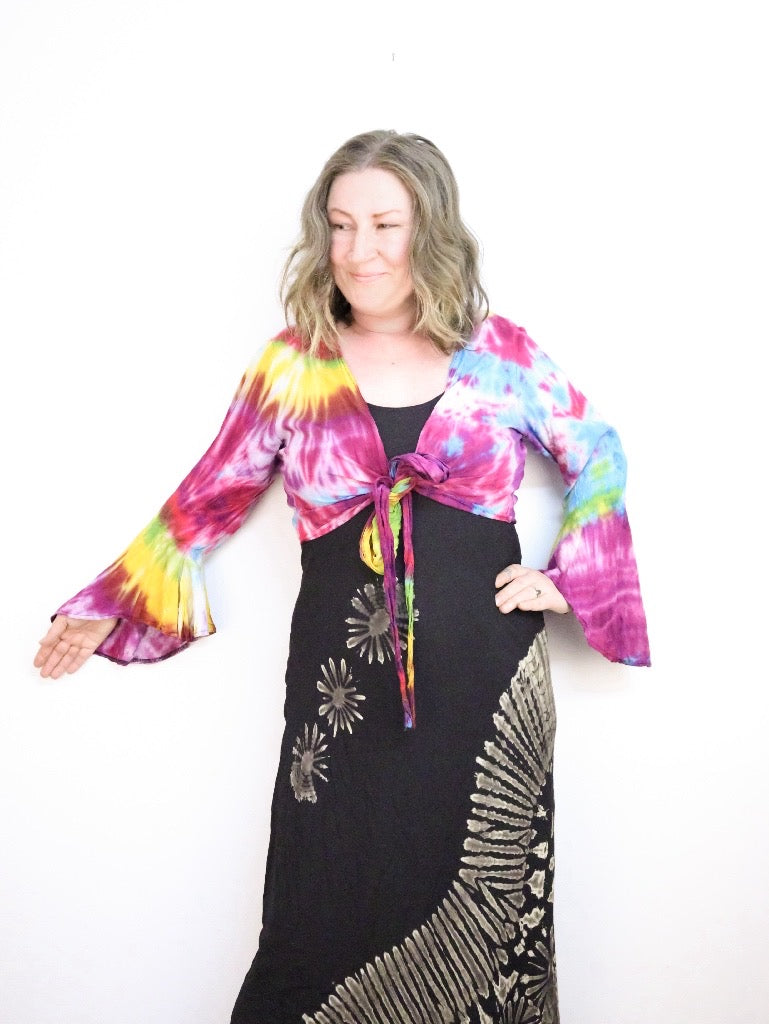 Tie-Dye Cropped Cardigan Wrap with Flared Bell Sleeves and Tie Closure - Rainbow