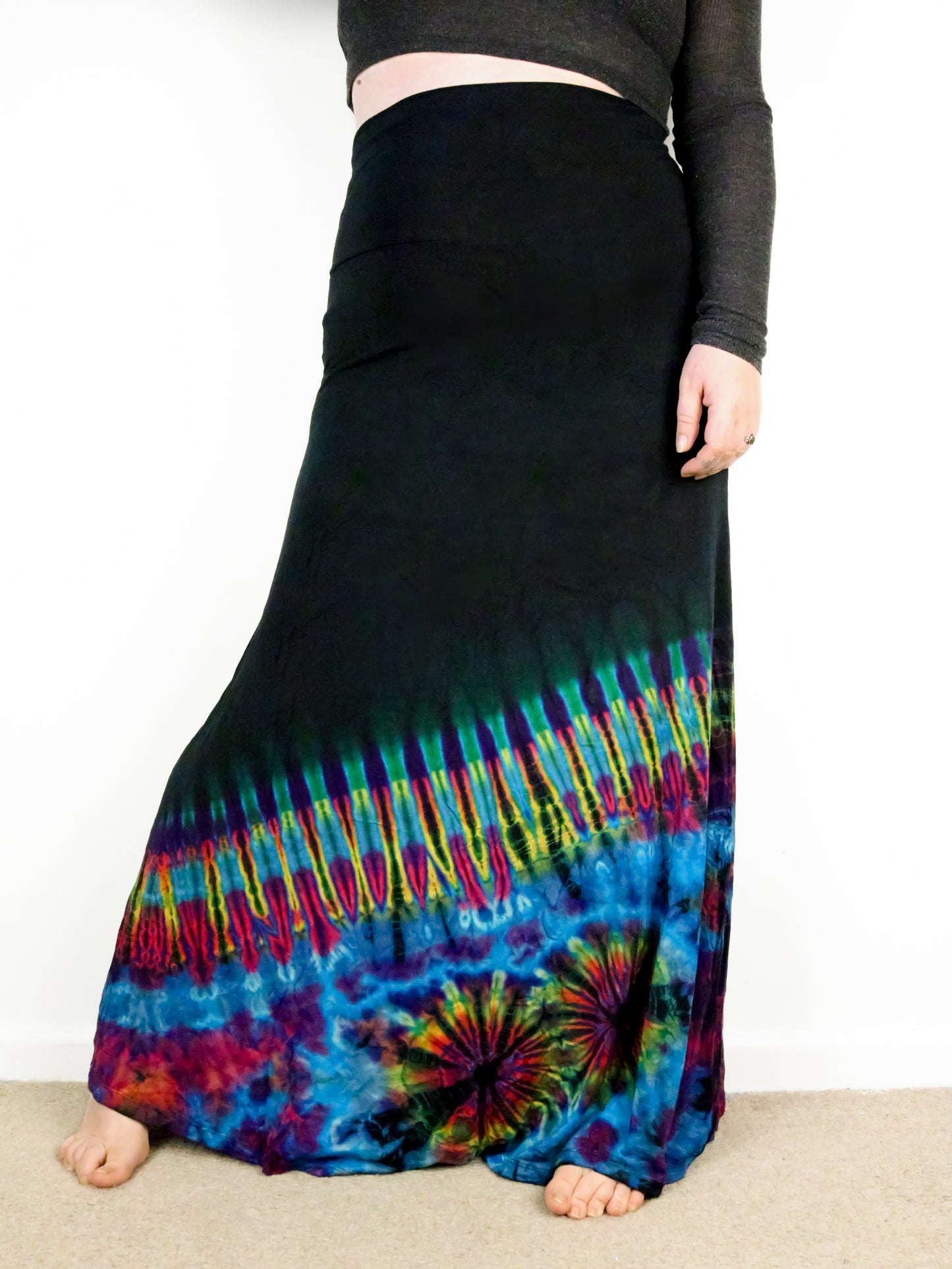 Soft Stretch Tie Dye Maxi Skirt - Black and Half Aqua Blue