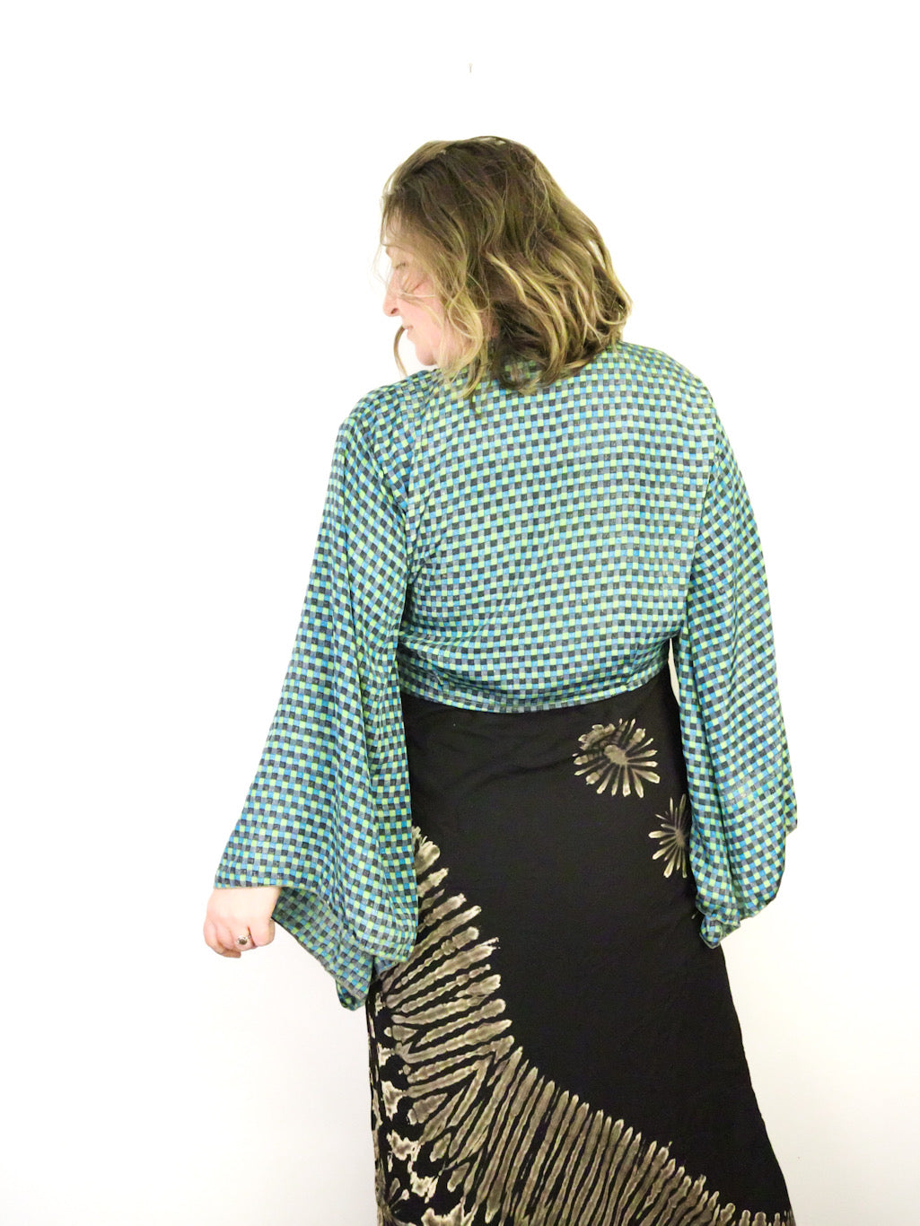 Recycled Sari Cropped Kimono Cardigan Wrap - Blue and Green