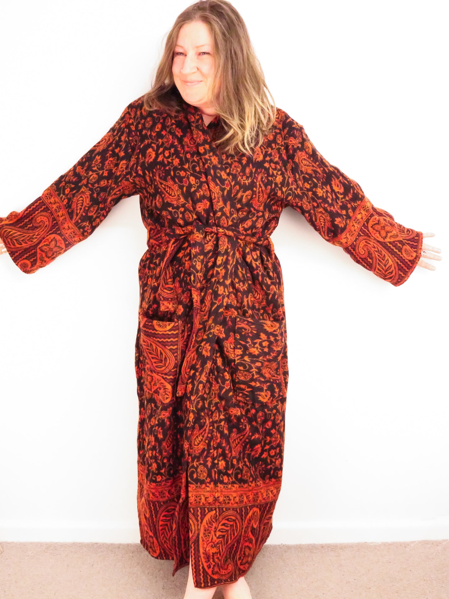 Blanket Kimono Robe Boho Dressing Gown - Black Orange and Fuchsia