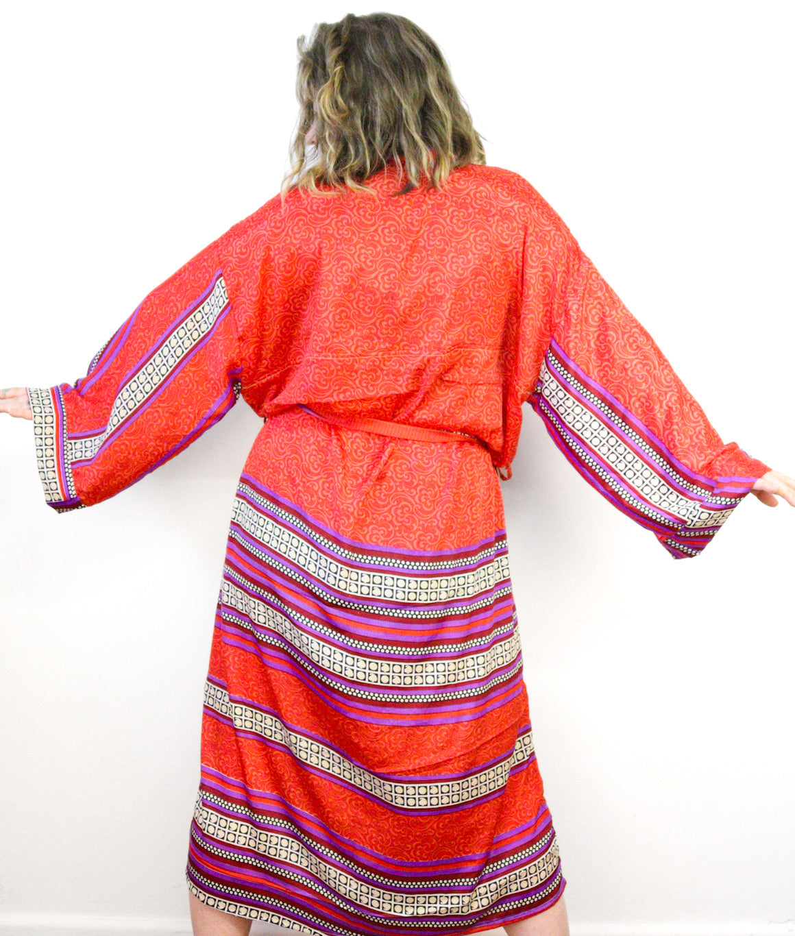 Kimono Style Silk Robe Recycled Sari Dressing Gown - Red and Purple